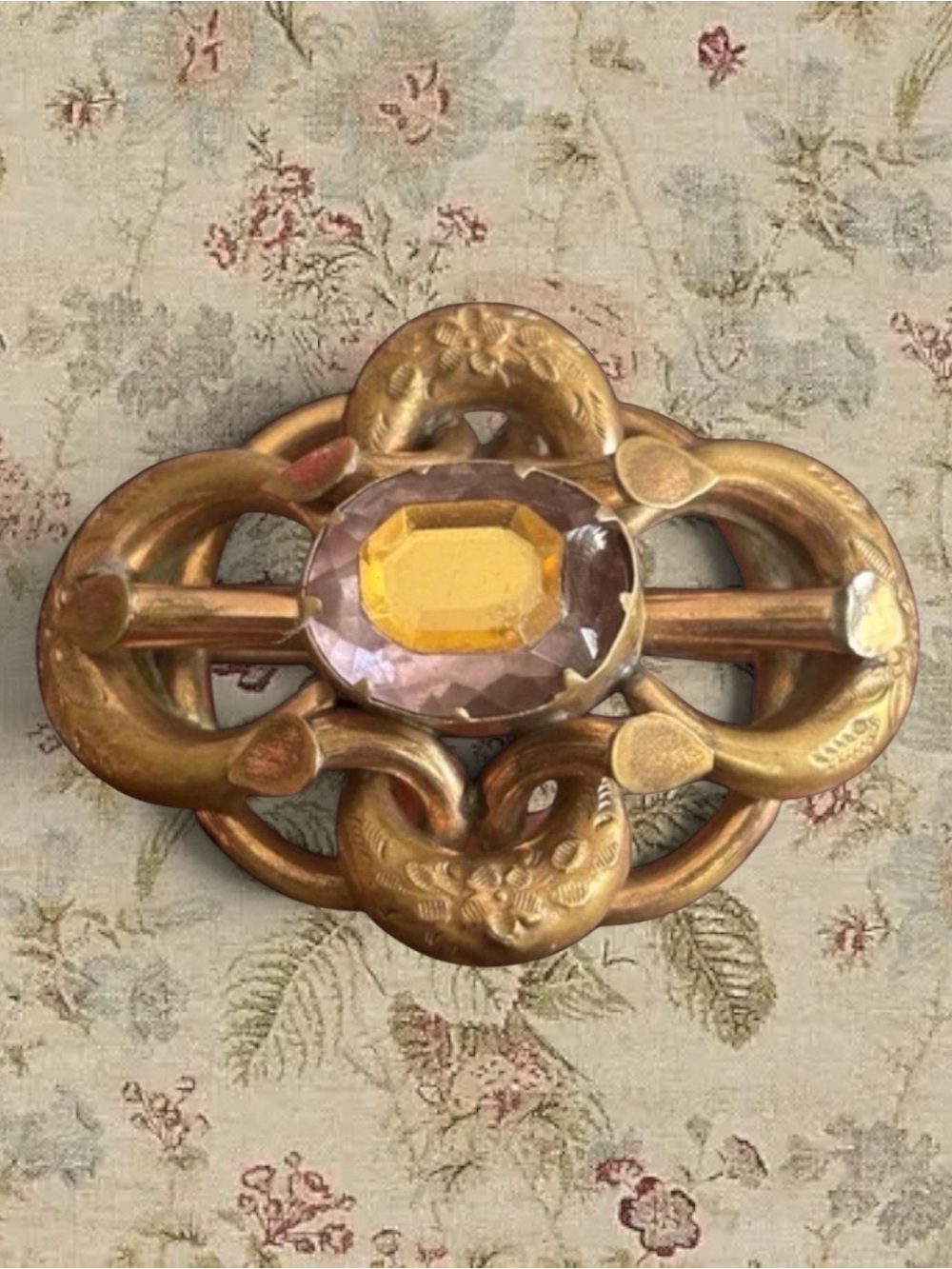 Victorian Lover's Knot Brooch, Faceted Paste Glass Center Gold Filled